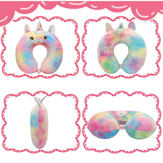 Pernă de Călătorie Ergonomică în Formă de U, Spumă cu Memorie pentru Susținere Gât și Cap, Husă Catifea Detașabilă, Sistem Prindere Capse, Model Unicorn, 30x30 cm, Multicolor