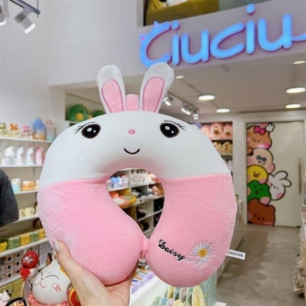 Pernă de Călătorie Ergonomică în Formă de U, Spumă cu Memorie pentru Susținere Gât și Cap, Husă Catifea Detașabilă, Sistem Prindere Capse, Model Iepuraș, 30x30 cm, Roz-Alb