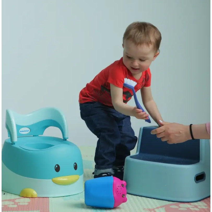 Olita pentru Copii, Model Ratusca cu Colac Moale PU si Spatar Ergonomic, Baza Antiderapanta, Recipient Detasabil, Plastic, +6 Luni, 38x32x30 cm, Albastru