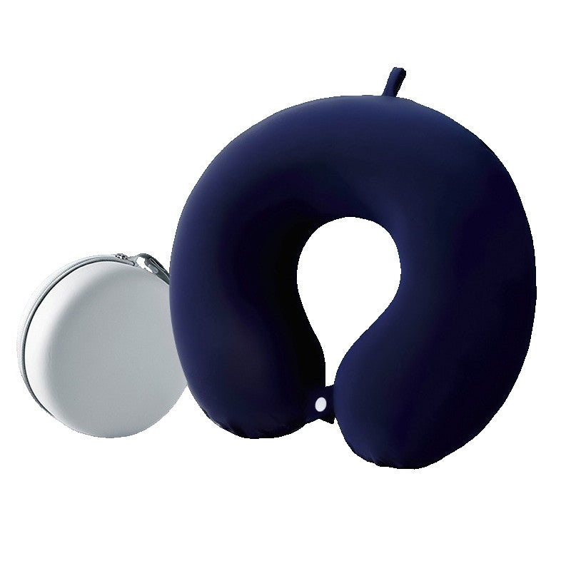 Pernă de Călătorie din Spumă cu Memorie, Design Ergonomic în Formă de U, Husă Detașabilă din Catifea, Sistem de Prindere cu Capse și Cutie Depozitare, 30x30 cm, Albastru Marin