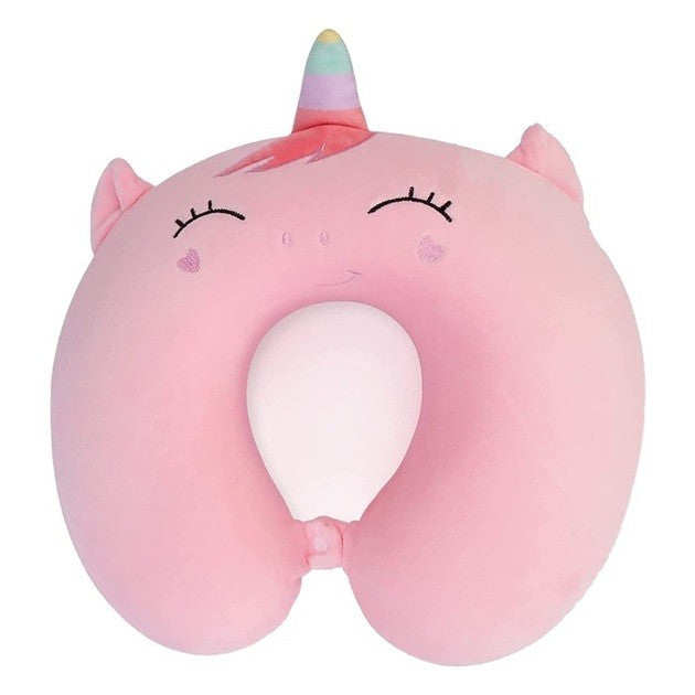Pernă de Călătorie în Formă de U, Suport Cervical cu Spumă cu Memorie, Husă Detașabilă din Catifea, Sistem Prindere Capse, Model Unicorn, 30x30 cm, Roz