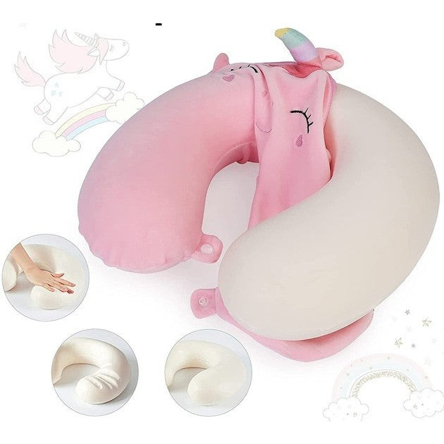 Pernă de Călătorie în Formă de U, Suport Cervical cu Spumă cu Memorie, Husă Detașabilă din Catifea, Sistem Prindere Capse, Model Unicorn, 30x30 cm, Roz