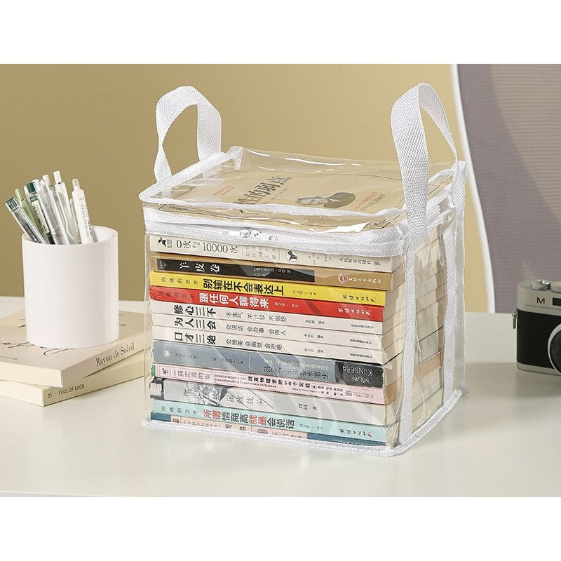 Cutie Depozitare si Organizator Carti, Geanta Multifunctionala Impermeabila cu Fermoar si Manere, PVC si Textil, 23x17x28 cm, Transparent-Alb