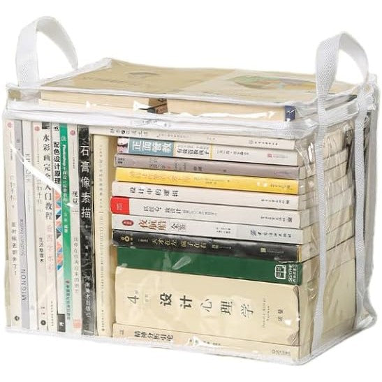 Cutie Depozitare si Geanta Carti, Organizator Transparent Impermeabil cu Fermoar si Manere, PVC si Material Textil, 32x24x25 cm, Alb-Transparent