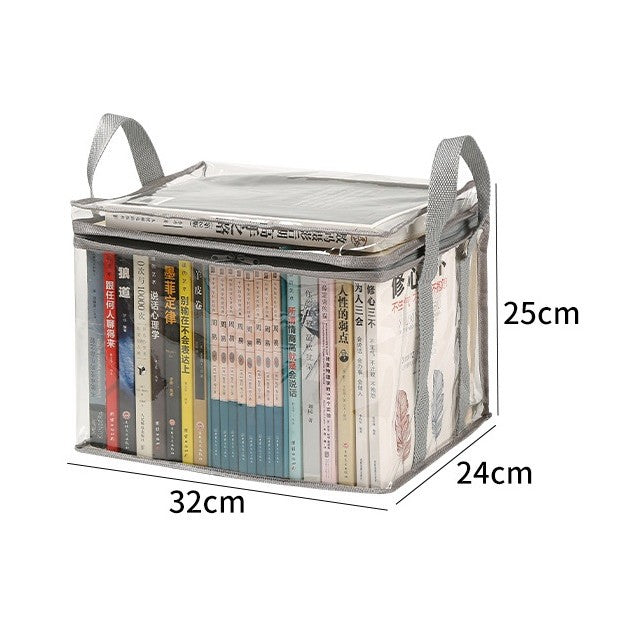 Cutie Depozitare si Geanta Carti, Organizator Transparent Impermeabil cu Fermoar si Manere, PVC si Material Textil, 32x24x25 cm, Alb-Transparent