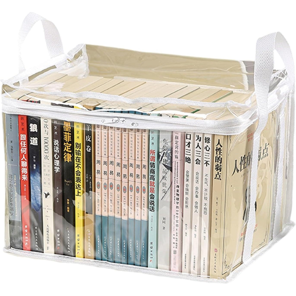 Cutie Depozitare si Geanta Carti, Organizator Transparent Impermeabil cu Fermoar si Manere, PVC si Material Textil, 32x24x25 cm, Alb-Transparent