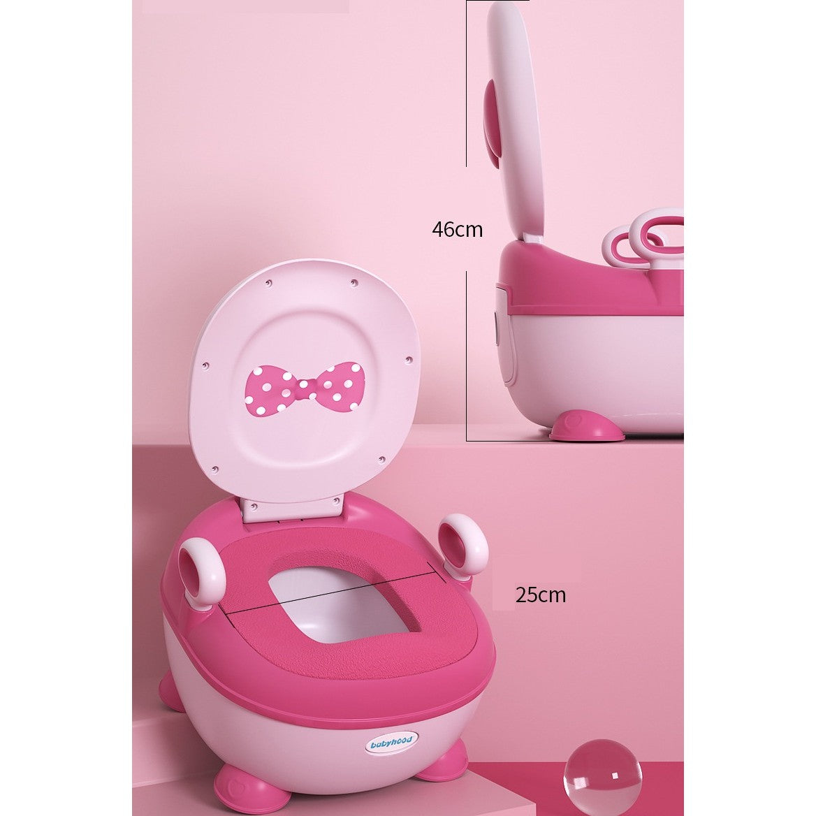 Olita pentru Copii cu Design Fundita, Colac Moale din PU, Compartiment Detasabil si Protectie Antistropire, Baza Antiderapanta, Material PP Non-Toxic, 46x33x32 cm, Roz