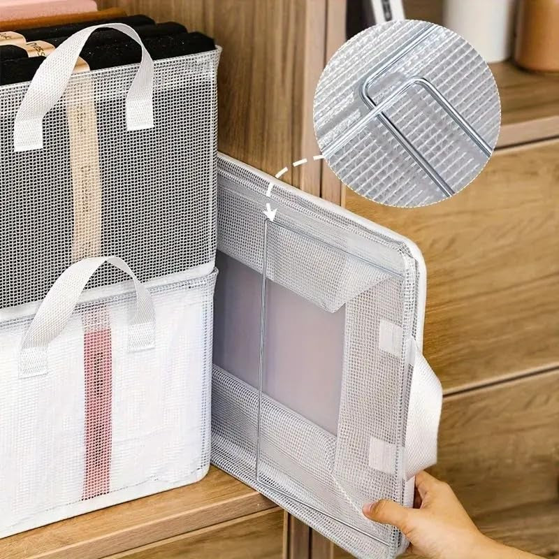 Cutie Depozitare Tip Cos, Organizator Haine si Jucarii, Cadru Metalic si Manere, Material Textil Pliabil, Transparent, 47x28x20 cm, 35 l, Alb