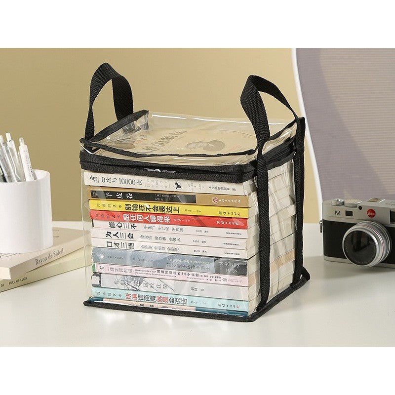 Cutie Depozitare si Geanta pentru Carti, Organizator Multifunctional Impermeabil cu Manere, PVC Transparent si Textil, 23x17x28 cm, Transparent-Negru