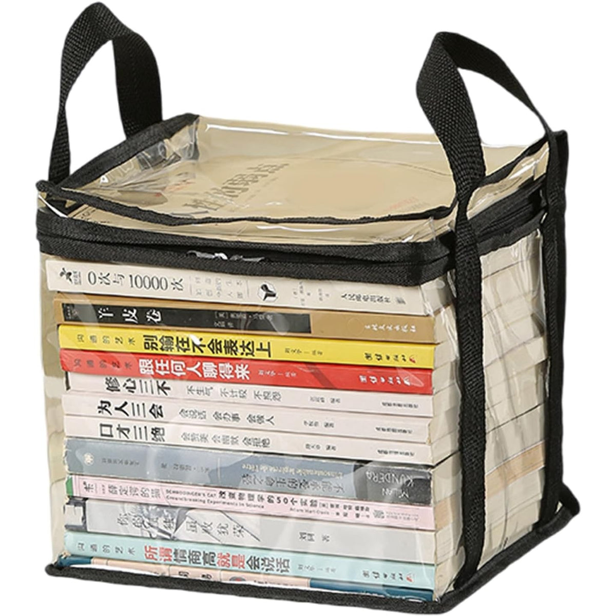 Cutie Depozitare si Geanta pentru Carti, Organizator Multifunctional Impermeabil cu Manere, PVC Transparent si Textil, 23x17x28 cm, Transparent-Negru