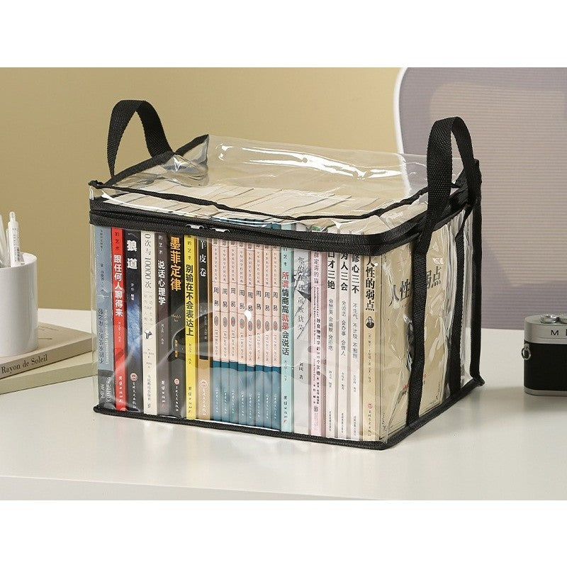 Cutie de Depozitare si Organizator Carti, Geanta Transparenta Impermeabila cu Fermoar si Manere, Material PVC si Textil, 32x24x25 cm, Negru