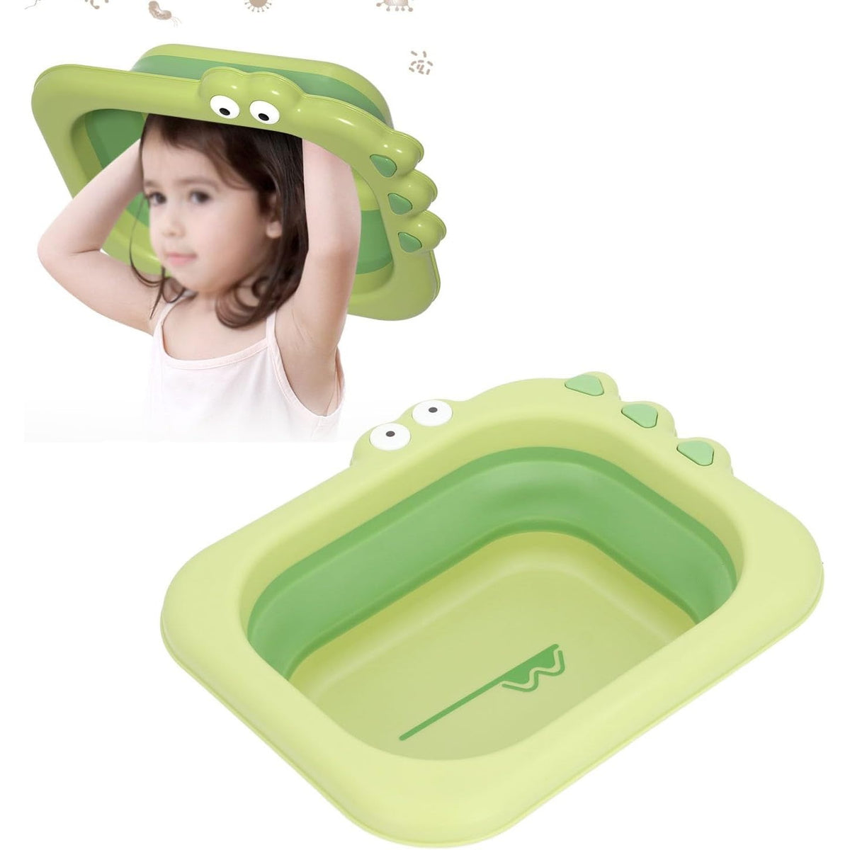 Lavoar Pliabil pentru Copii, Cadita Portabila pentru Igiena si Calatorii, Design Animale Crocodil, Material Plastic PP si TPE, 30x24.5x9 cm, Verde