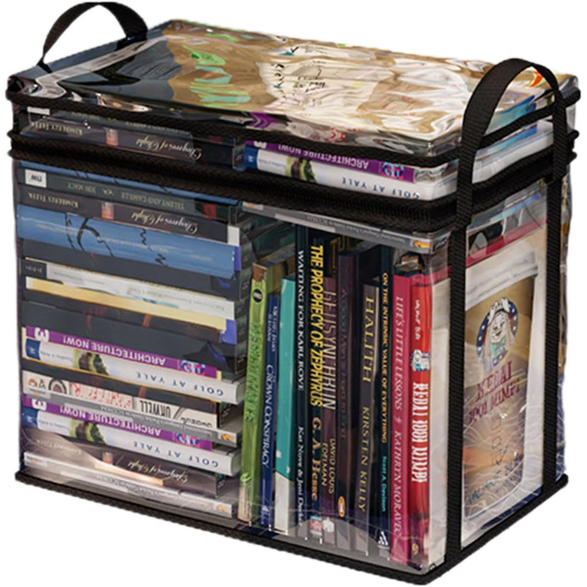 Cutie de Depozitare si Organizator Carti, Geanta Impermeabila cu Manere si Fermoar, PVC Transparent si Textil, 38x24x32 cm, Transparent/Negru