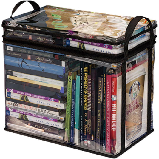 Cutie de Depozitare si Organizator Carti, Geanta Impermeabila cu Manere si Fermoar, PVC Transparent si Textil, 38x24x32 cm, Transparent/Negru
