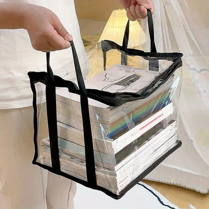 Cutie de Depozitare si Organizator Carti, Geanta Impermeabila cu Manere si Fermoar, PVC Transparent si Textil, 38x24x32 cm, Transparent/Negru