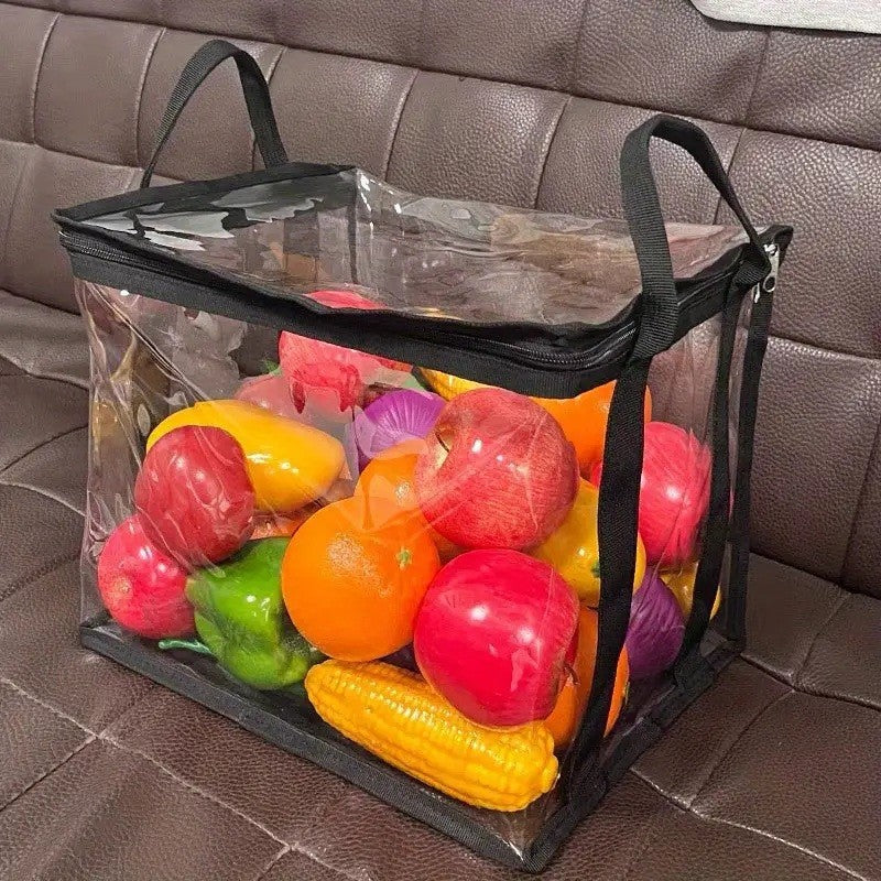 Cutie de Depozitare si Organizator Carti, Geanta Impermeabila cu Manere si Fermoar, PVC Transparent si Textil, 38x24x32 cm, Transparent/Negru