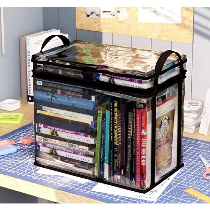 Cutie de Depozitare si Organizator Carti, Geanta Impermeabila cu Manere si Fermoar, PVC Transparent si Textil, 38x24x32 cm, Transparent/Negru