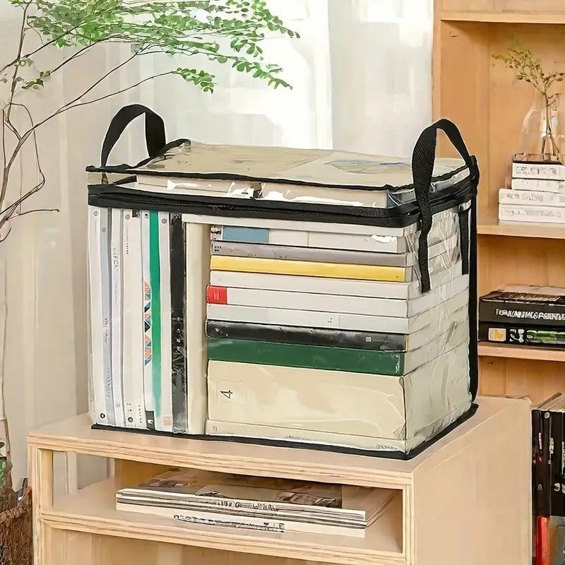 Cutie de Depozitare si Organizator Carti, Geanta Impermeabila cu Manere si Fermoar, PVC Transparent si Textil, 38x24x32 cm, Transparent/Negru