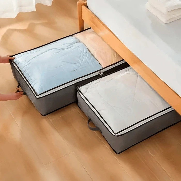 Husă de Depozitare Haine și Lenjerie, Organizator Pliabil cu Fereastră Transparentă și Fermoar Bidirecțional, Material Nețesut Lavabil, 100x50x15 cm, Gri