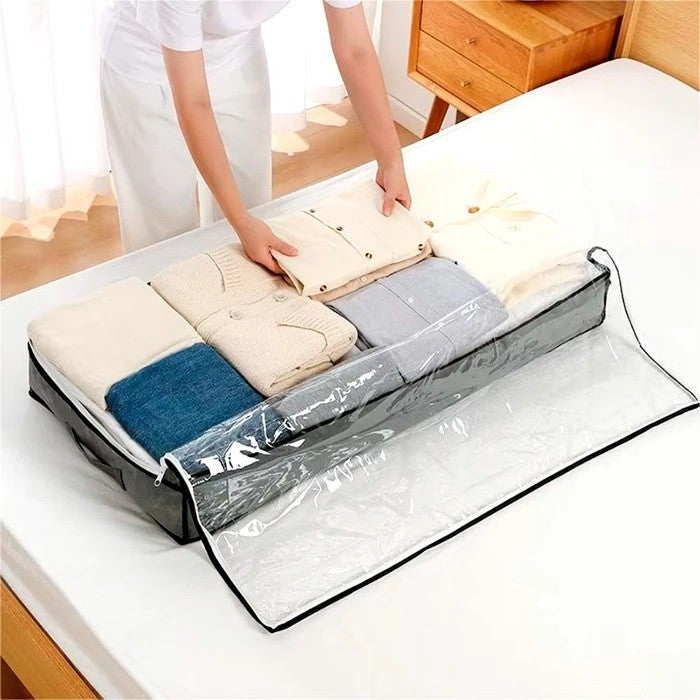 Husă de Depozitare Haine și Lenjerie, Organizator Pliabil cu Fereastră Transparentă și Fermoar Bidirecțional, Material Nețesut Lavabil, 100x50x15 cm, Gri