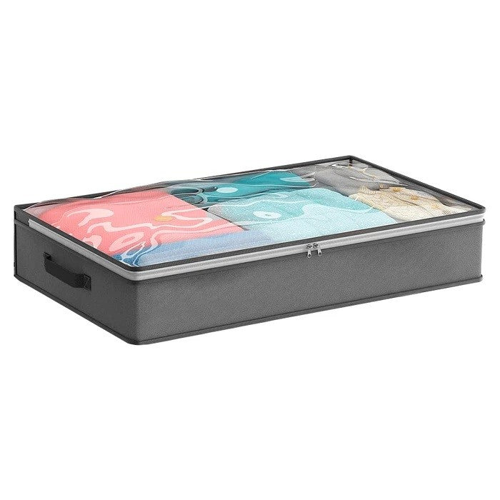 Husă de Depozitare pentru Haine și Lenjerie, Organizator Pliabil cu Fereastră Transparentă și Fermoar Bidirecțional, Material Nețesut Lavabil, 65 x 45 x 15 cm, Gri