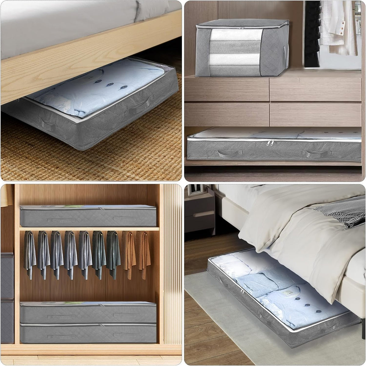 Husă de Depozitare pentru Haine și Lenjerie, Organizator Pliabil cu Fereastră Transparentă și Fermoar Bidirecțional, Material Nețesut Lavabil, 65 x 45 x 15 cm, Gri