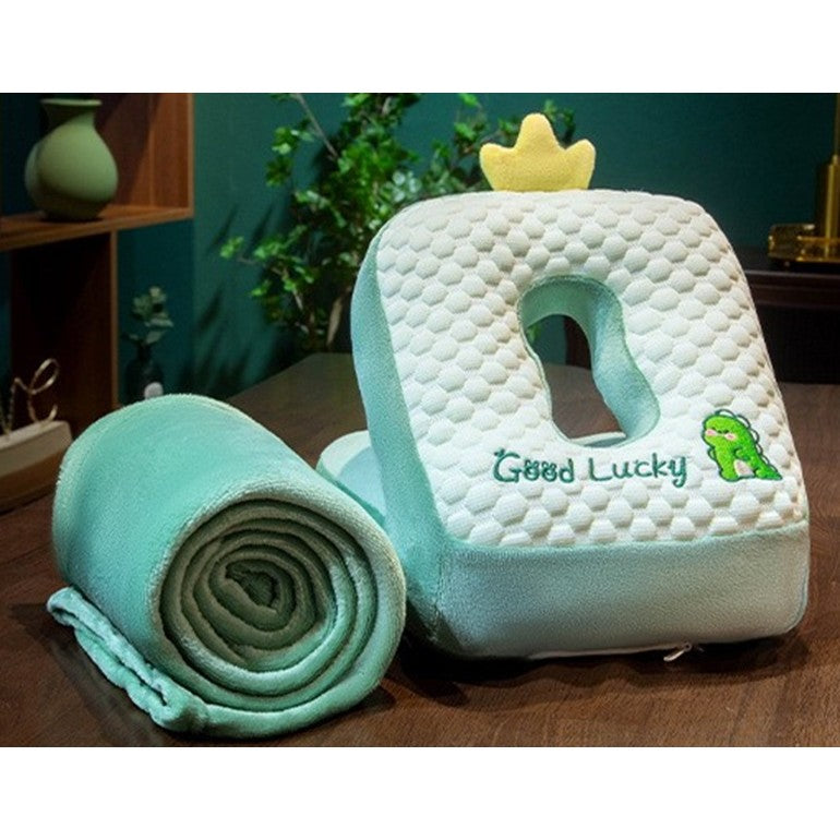 Set 2in1 Patura Microfibra si Perna Ergonomica Spuma, Model Dinozaur pentru Birou si Calatorii, Plus si Bumbac PP, Patura 1x1.7 m, Perna 30x35x30 cm, Verde