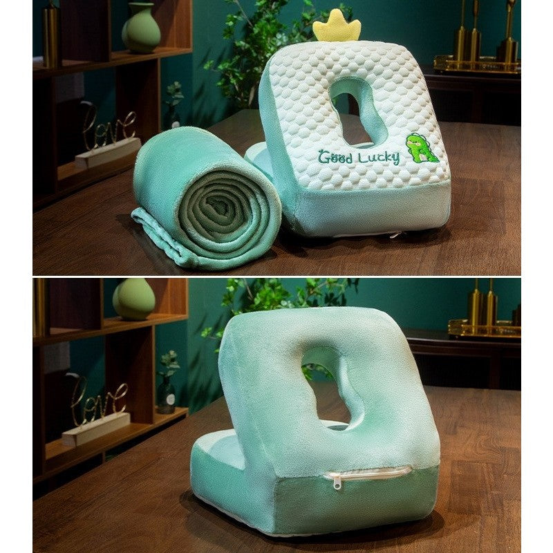 Set 2in1 Patura Microfibra si Perna Ergonomica Spuma, Model Dinozaur pentru Birou si Calatorii, Plus si Bumbac PP, Patura 1x1.7 m, Perna 30x35x30 cm, Verde