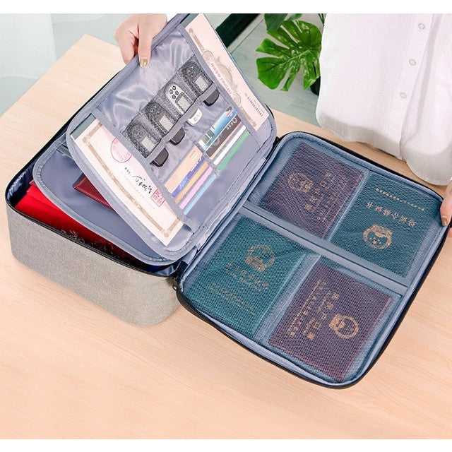 Geanta Organizator Documente si Acte cu Cifru, Sistem de Securitate, 3 Compartimente, Material Oxford Impermeabil, 37 x 10.5 x 27 cm, Gri