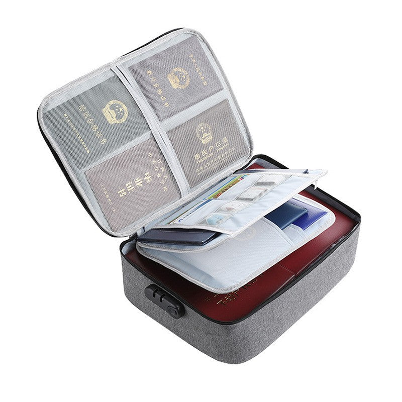 Geanta Organizator Documente si Acte cu Cifru, Sistem de Securitate, 3 Compartimente, Material Oxford Impermeabil, 37 x 10.5 x 27 cm, Gri