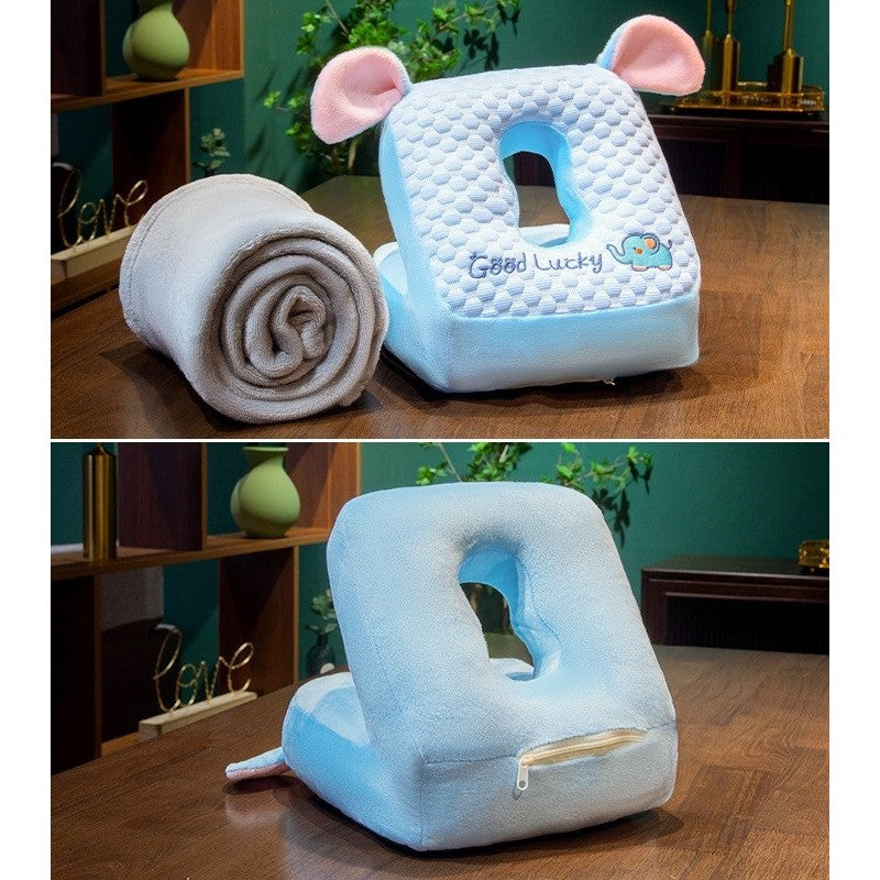 Set 2in1 Patură Microfibră și Pernă Ergonomică Spumă, Design Elefant pentru Birou și Călătorii, Patură 1x1.7 m, Pernă 30x35x30 cm, Albastru