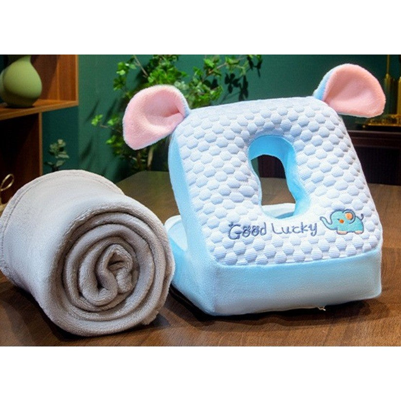 Set 2in1 Patură Microfibră și Pernă Ergonomică Spumă, Design Elefant pentru Birou și Călătorii, Patură 1x1.7 m, Pernă 30x35x30 cm, Albastru