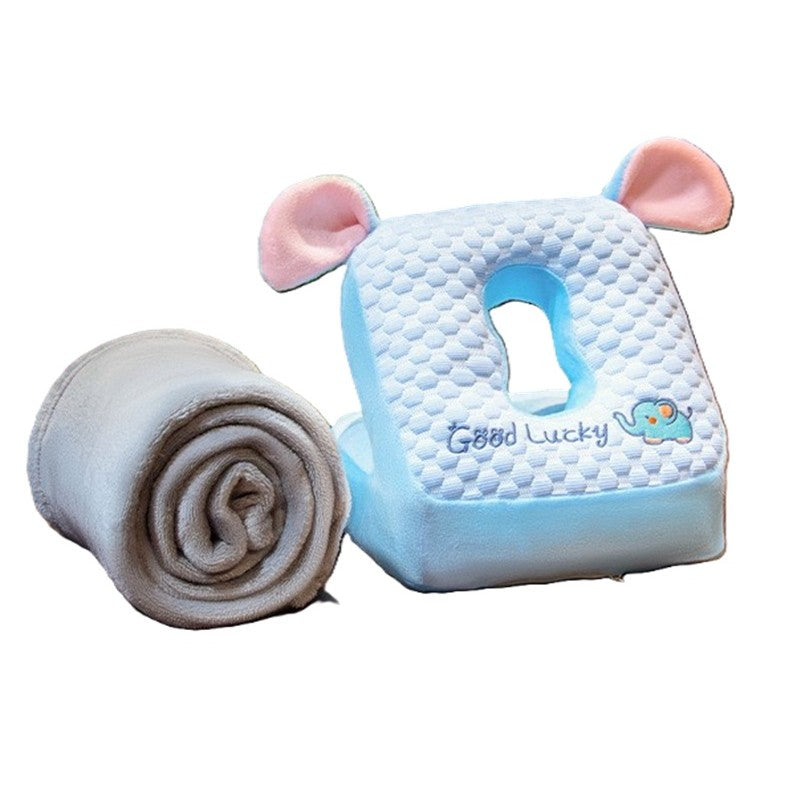 Set 2in1 Patură Microfibră și Pernă Ergonomică Spumă, Design Elefant pentru Birou și Călătorii, Patură 1x1.7 m, Pernă 30x35x30 cm, Albastru