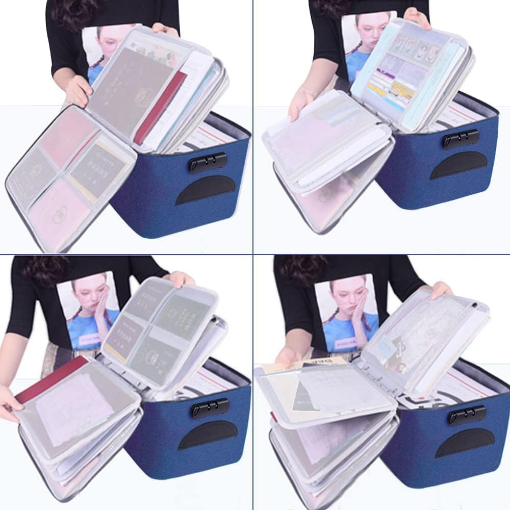 Geanta Organizare Acte si Documente, Sistem de Siguranta cu Cod, 5 Compartimente, Panza Oxford Impermeabila, 37 x 20 x 27 cm, Albastru