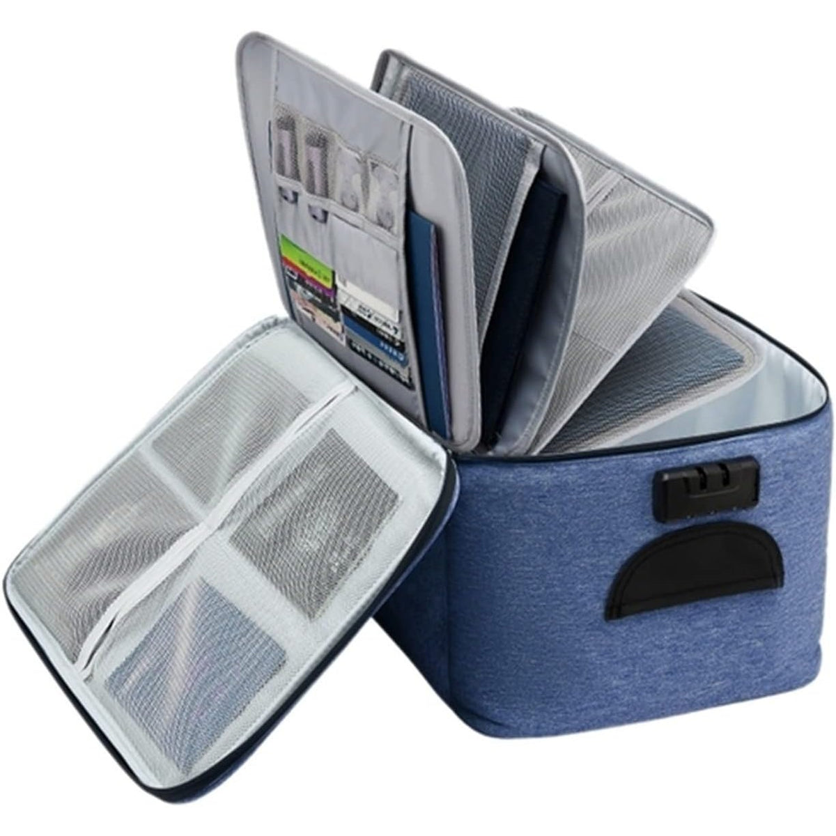 Geanta Organizare Acte si Documente, Sistem de Siguranta cu Cod, 5 Compartimente, Panza Oxford Impermeabila, 37 x 20 x 27 cm, Albastru