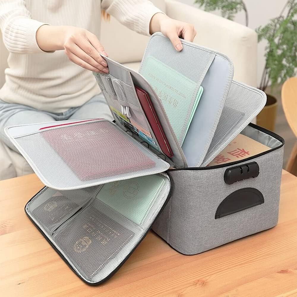 Geanta Organizatoare Documente si Acte, Sistem de Siguranta cu Cifru, Impermeabila, Panza Oxford, 5 Compartimente, 37 x 20 x 27 cm, Gri