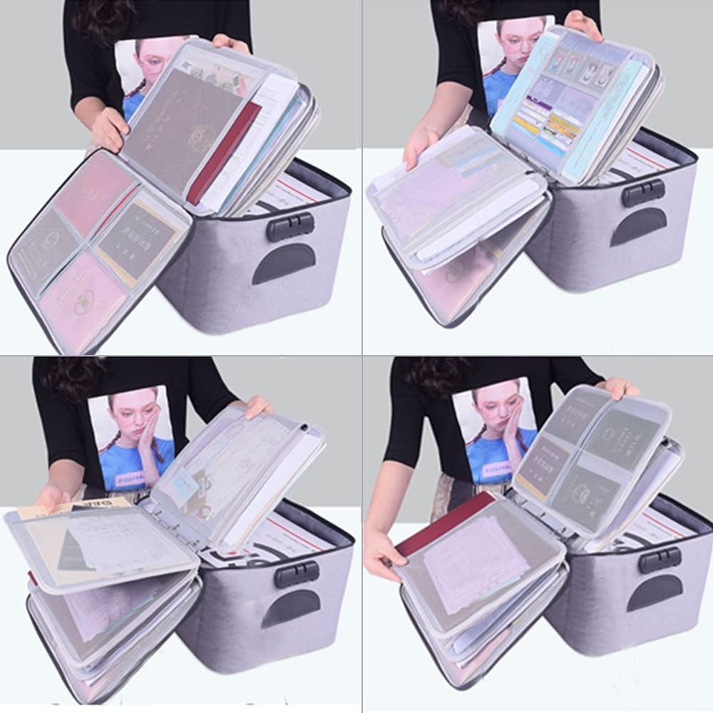 Geanta Organizatoare Documente si Acte, Sistem de Siguranta cu Cifru, Impermeabila, Panza Oxford, 5 Compartimente, 37 x 20 x 27 cm, Gri