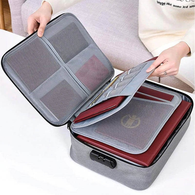 Geanta Organizatoare Documente si Acte, Sistem de Siguranta cu Cifru, Impermeabila, Panza Oxford, 5 Compartimente, 37 x 20 x 27 cm, Gri