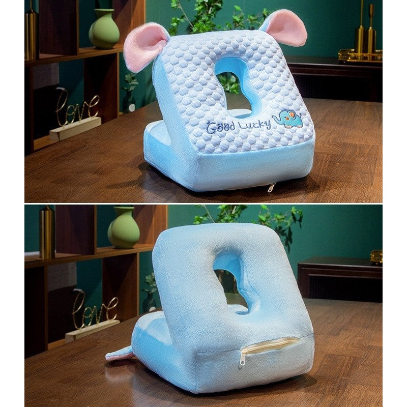 Pernă Ergonomică Pentru Birou Și Călătorii, Suport Cap Și Mâini, Model Elefant, Husă Detașabilă Din Pluș Cu Umplutură Bumbac PP, 30x35x30 cm, Albastru