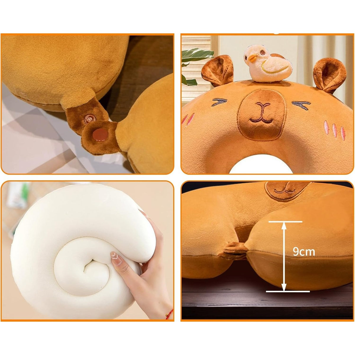 Pernă de Călătorie Ergonomică pentru Gât și Cap, Umplutură Spumă cu Memorie, Husă Detașabilă din Catifea, Sistem Prindere Capse, 30x30 cm, Model Capybara, Maro