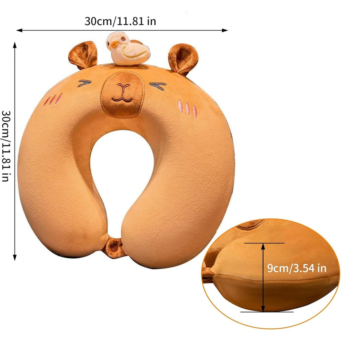 Pernă de Călătorie Ergonomică pentru Gât și Cap, Umplutură Spumă cu Memorie, Husă Detașabilă din Catifea, Sistem Prindere Capse, 30x30 cm, Model Capybara, Maro