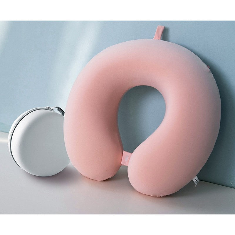 Pernă de Călătorie în Formă de U, Spumă cu Memorie pentru Gât și Cap, Design Ergonomic, Husă Catifea Detașabilă, Sistem Prindere Capse, Cutie Depozitare Inclusă, 30x30 cm, Roz