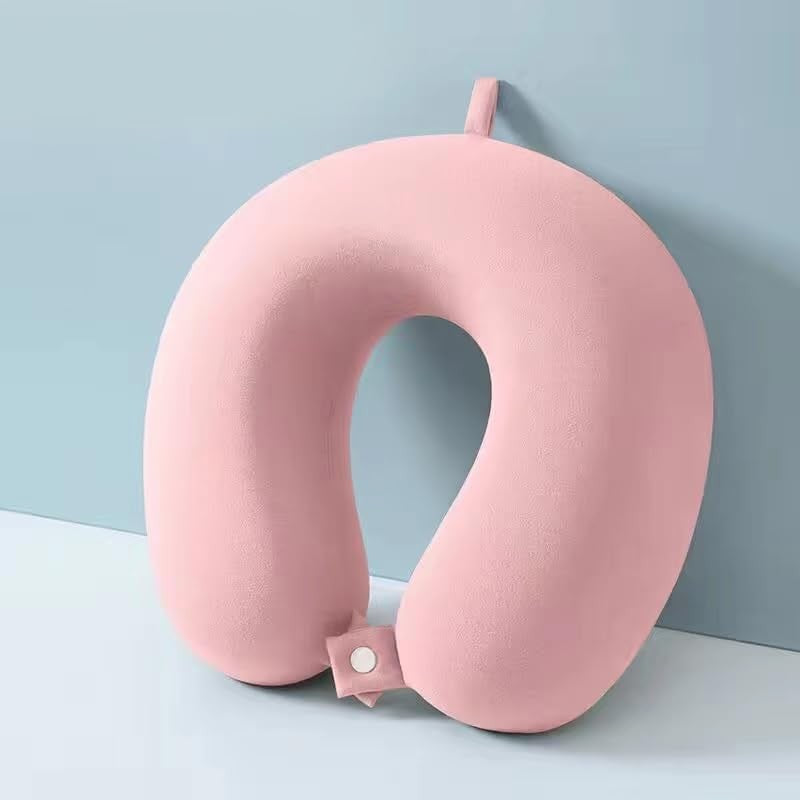 Pernă de Călătorie în Formă de U, Spumă cu Memorie pentru Gât și Cap, Design Ergonomic, Husă Catifea Detașabilă, Sistem Prindere Capse, Cutie Depozitare Inclusă, 30x30 cm, Roz