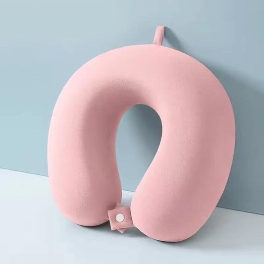 Pernă de Călătorie în Formă de U, Spumă cu Memorie pentru Gât și Cap, Design Ergonomic, Husă Catifea Detașabilă, Sistem Prindere Capse, Cutie Depozitare Inclusă, 30x30 cm, Roz