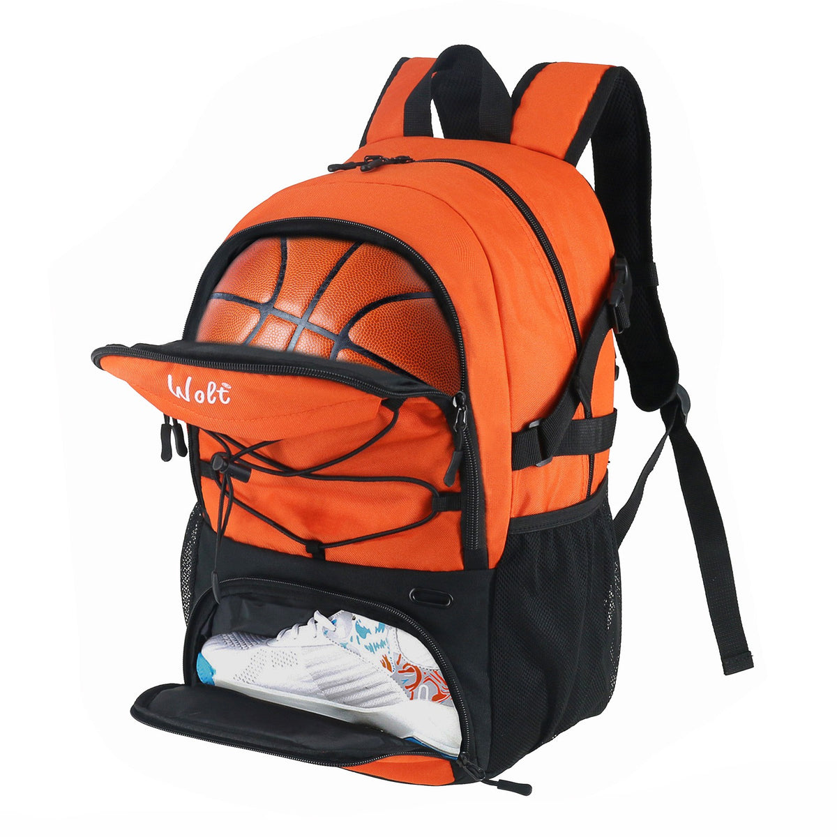 Rucsac de Baschet si Sport, Compartiment Mingi si Incaltaminte, Ghiozdan Laptop Multifunctional, Panza Oxford Impermeabila, 32 Litri, 45x32x22 cm, Portocaliu-Negru