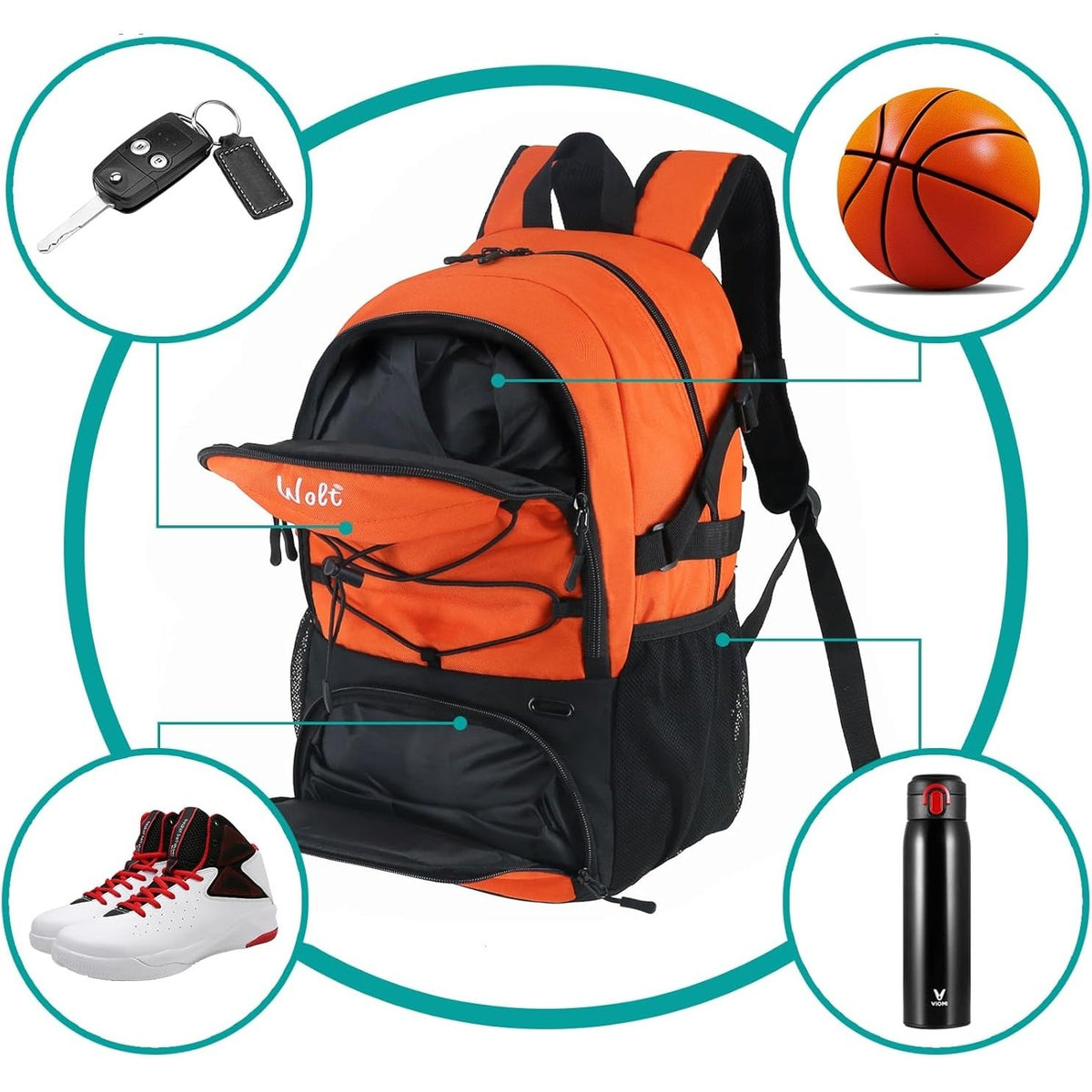 Rucsac de Baschet si Sport, Compartiment Mingi si Incaltaminte, Ghiozdan Laptop Multifunctional, Panza Oxford Impermeabila, 32 Litri, 45x32x22 cm, Portocaliu-Negru
