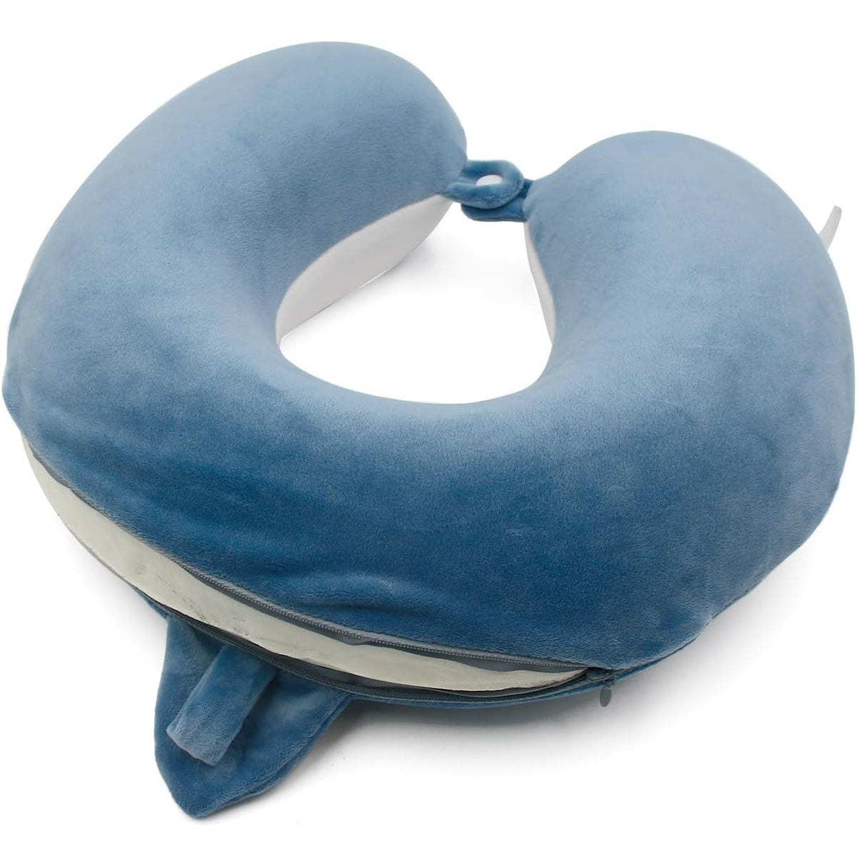 Pernă de Călătorie Ergonomică în Formă de U, Spumă cu Memorie pentru Gat și Cap, Husă Catifea Detașabilă, Sistem Prindere Capse, Model Rechin, 30x30 cm, Albastru