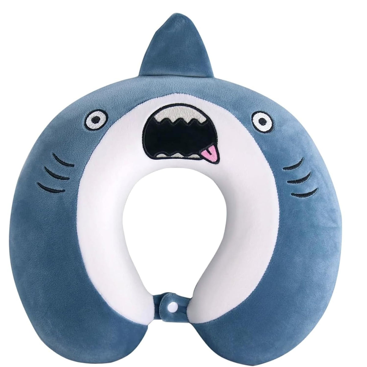 Pernă de Călătorie Ergonomică în Formă de U, Spumă cu Memorie pentru Gat și Cap, Husă Catifea Detașabilă, Sistem Prindere Capse, Model Rechin, 30x30 cm, Albastru