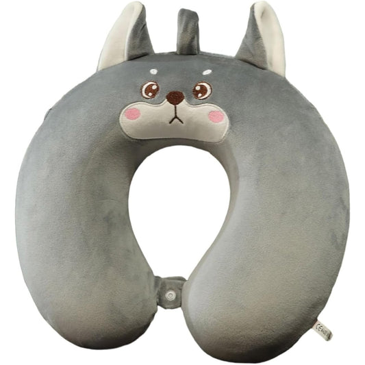 Perna de Calatorie in Forma de U pentru Gat si Cap, Spuma cu Memorie Premium, Design Ergonomic, Husa Detasabila din Catifea, Sistem de Prindere cu Capse, 30x30 cm, Model Husky, Gri