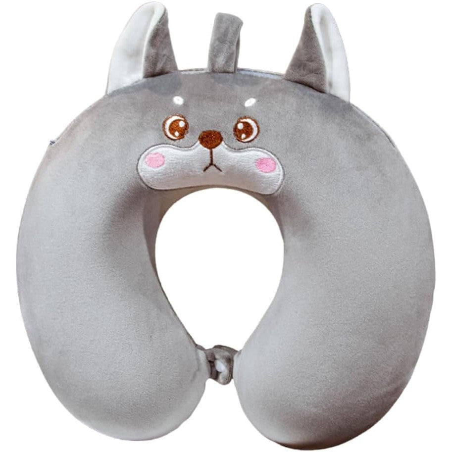 Perna de Calatorie in Forma de U pentru Gat si Cap, Spuma cu Memorie Premium, Design Ergonomic, Husa Detasabila din Catifea, Sistem de Prindere cu Capse, 30x30 cm, Model Husky, Gri